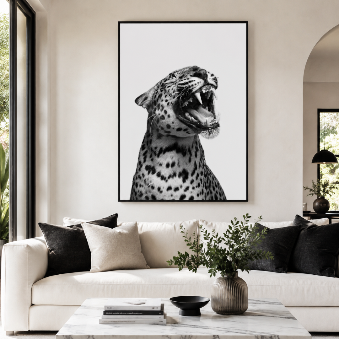 Black & White Roaring Leopard Canvas Print