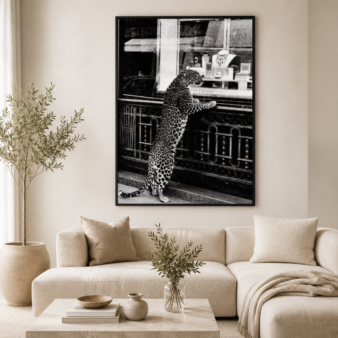 Black & White Leopard Window Shopping Canvas Print