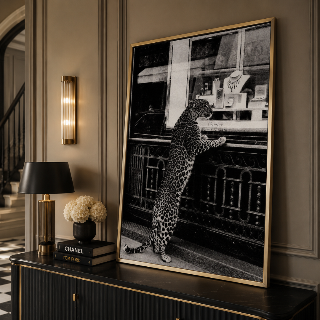 Black & White Leopard Window Shopping Canvas Print