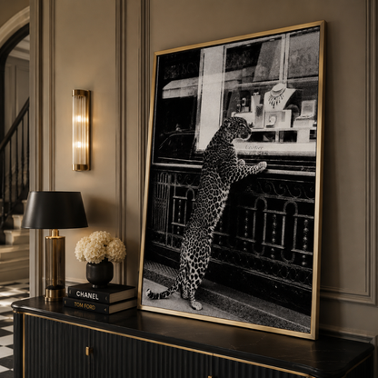 Black & White Leopard Window Shopping Canvas Print