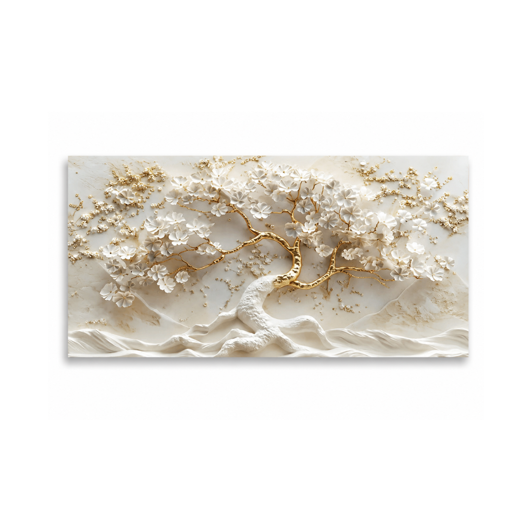 White & Gold Cherry Blossom Tree Canvas Print