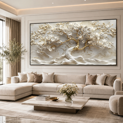 White & Gold Cherry Blossom Tree Canvas Print