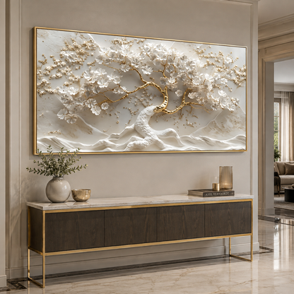 White & Gold Cherry Blossom Tree Canvas Print