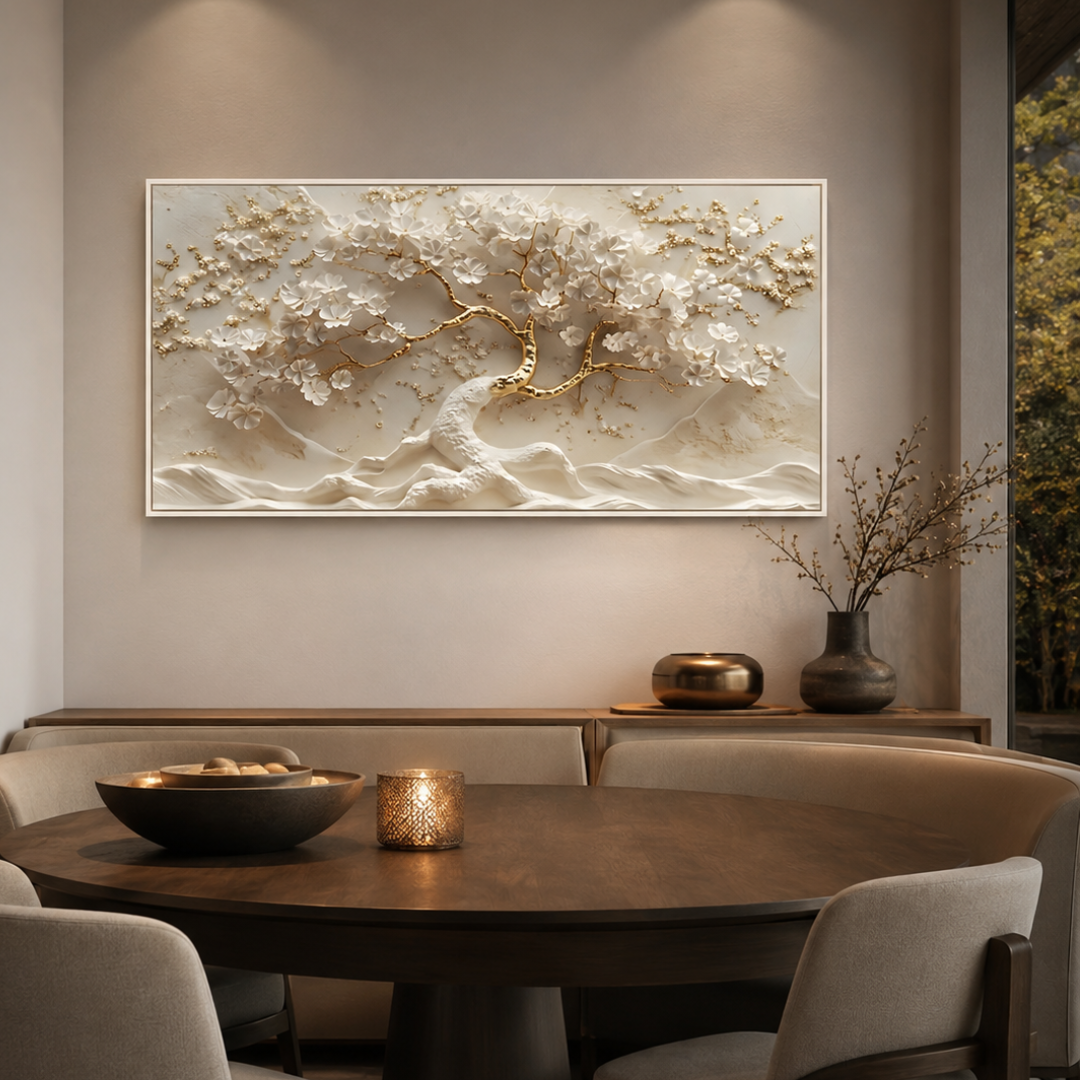 White & Gold Cherry Blossom Tree Canvas Print