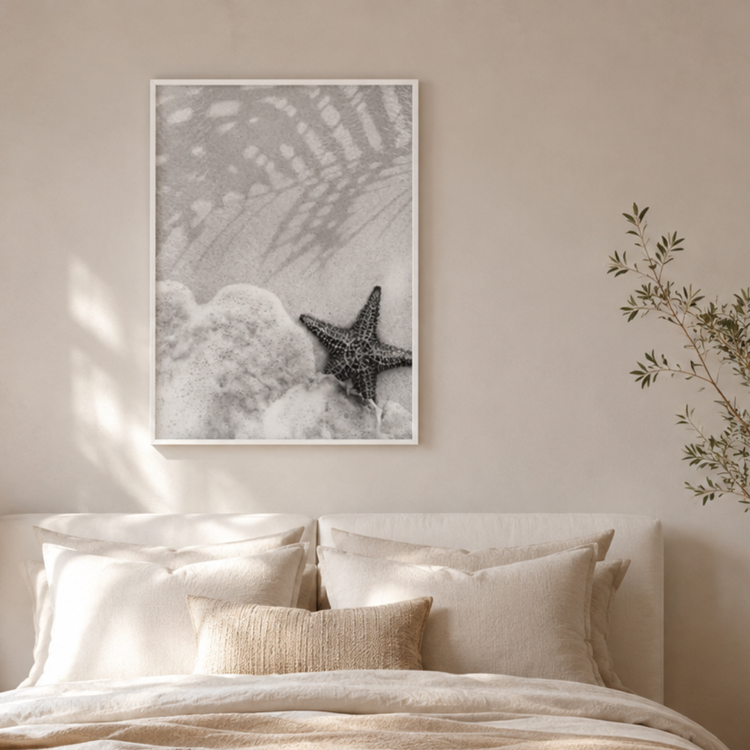 Shoreline Starfish Black and White Canvas Print