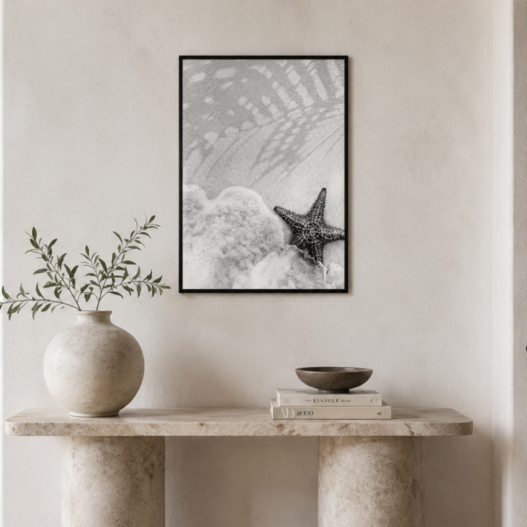 Shoreline Starfish Black and White Canvas Print