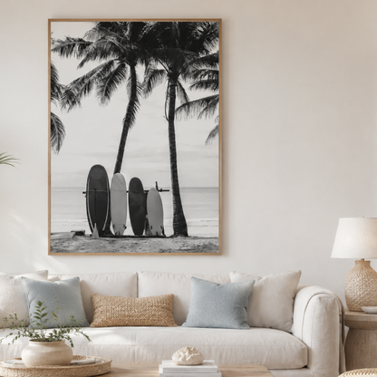 Surfboards Beneath the Palms Black And White Canvas Print