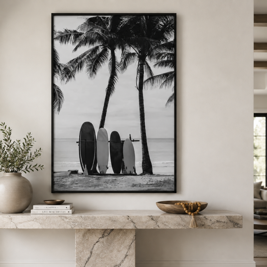 Surfboards Beneath the Palms Black And White Canvas Print