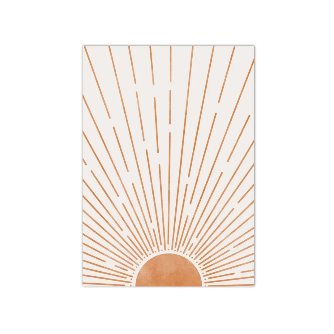 A minimalist art print featuring a geometric sunburst design with radiating lines and a semi-circle at the bottom, printed in a warm terracotta orange on an off-white background.