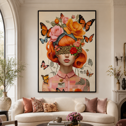 A large framed wall art print hangs above a cream sofa in a styled living room. The artwork depicts a woman with bright orange hair, pink and orange flowers, and orange-and-black butterflies, with a leopard-print blindfold.