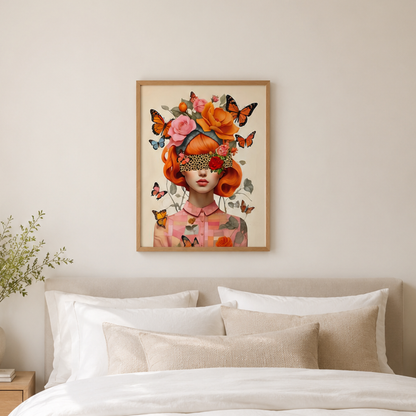 A framed art print featuring a stylized portrait of a woman with vibrant orange hair, surrounded by colorful flowers and butterflies, displayed on a beige wall above a bed with white and beige pillows.