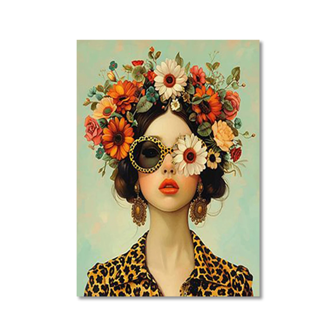 A vertical art print featuring a stylized portrait of a woman with a large floral crown, round decorative sunglasses, and a leopard-print top against a soft mint background.