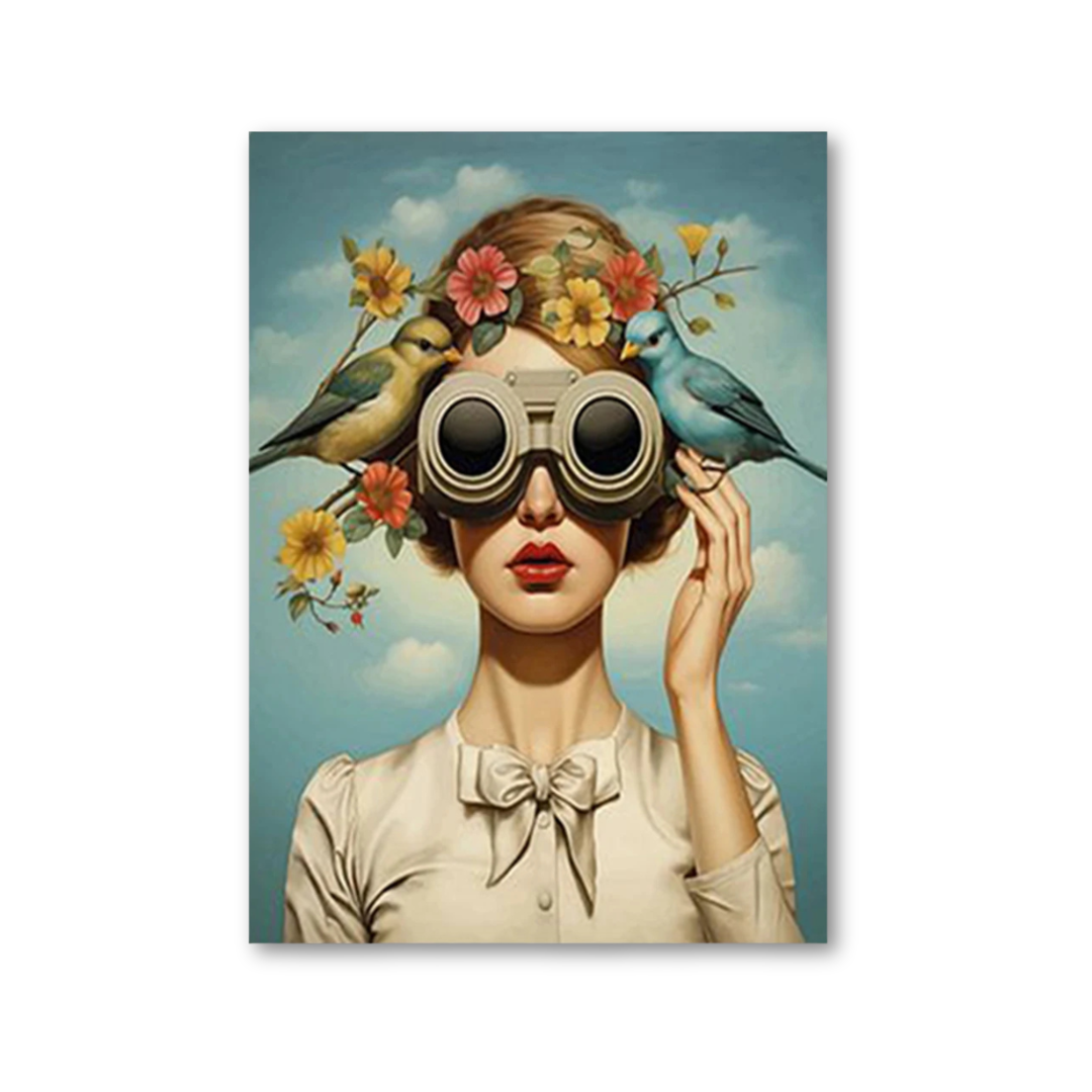 A vertical art print featuring a surreal portrait of a woman with binoculars, flowers, and two birds on her head, set against a light blue sky. The print is displayed on a clean white background.