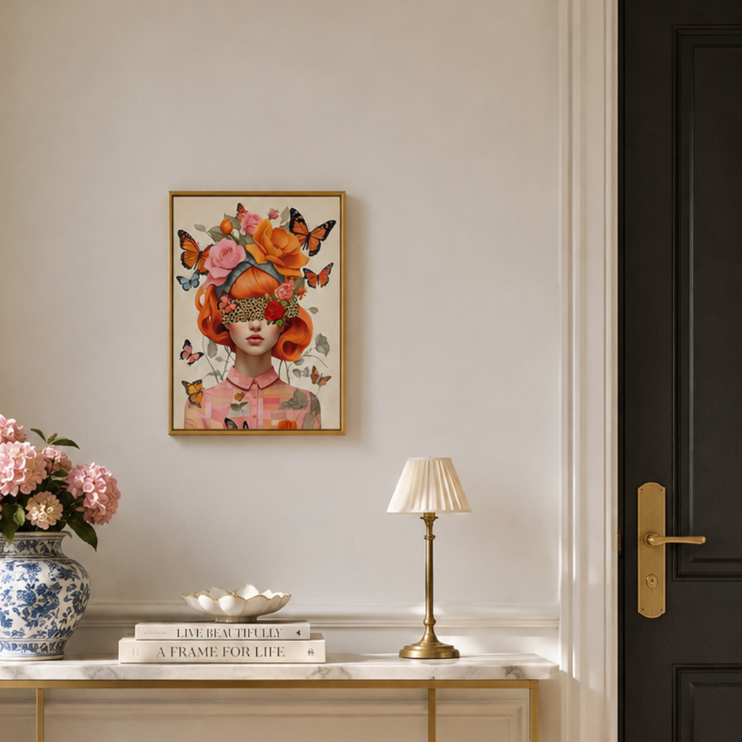 A framed art print featuring a colorful portrait of a woman with orange hair, flowers, and butterflies, displayed on a beige wall above a console table with a lamp, books, and a vase.