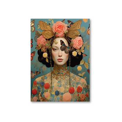 A vertical art print featuring a surreal portrait of a woman with butterflies and roses, displayed against a clean white background.