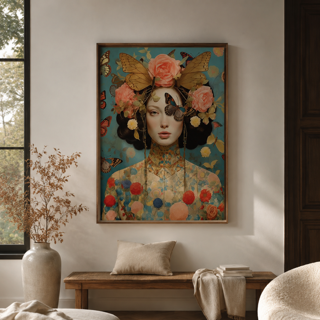 A framed wall art print hangs on a beige wall in a styled interior. The artwork depicts a woman with dark hair, pink flowers, butterflies, and colorful floral motifs on a teal background.