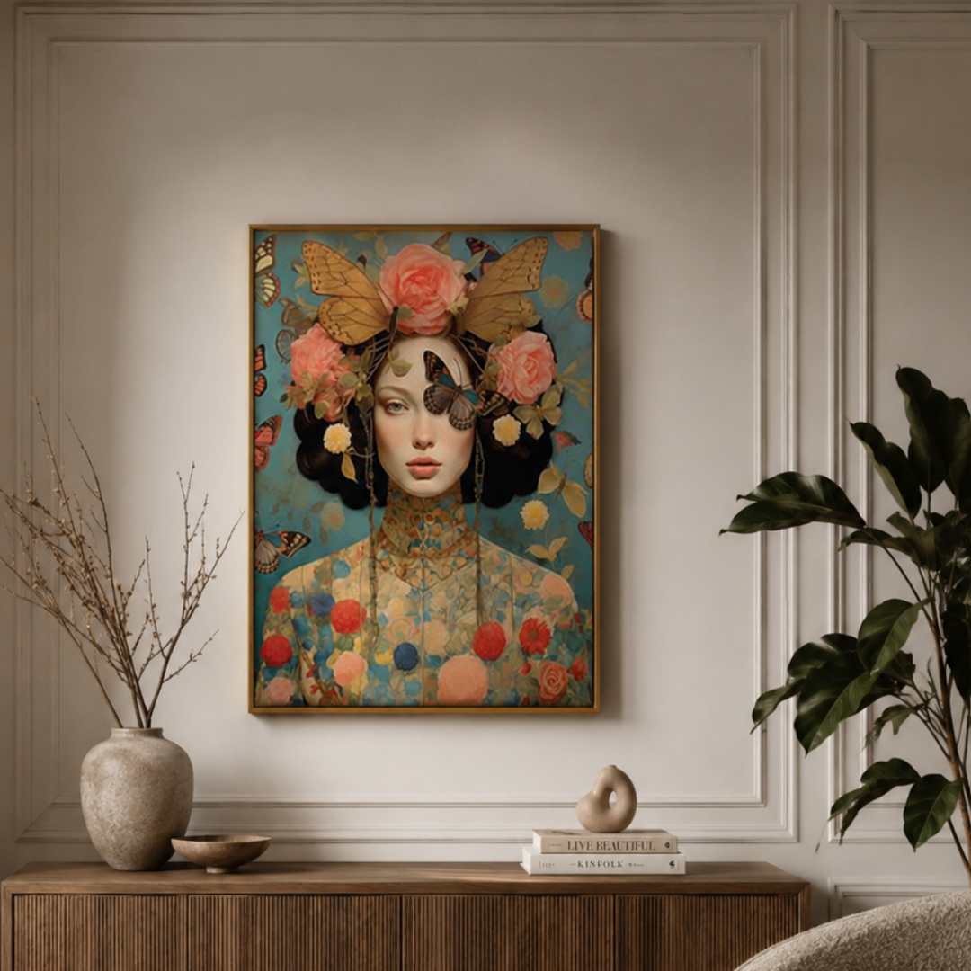 A framed art print featuring a stylized portrait of a woman with butterflies and flowers, displayed on a beige wall above a wooden console table in a styled interior setting.