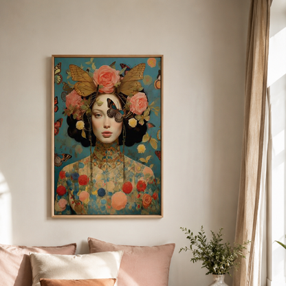 A framed art print featuring a stylized portrait of a woman with flowers and butterflies on a teal background, displayed on a beige wall above a bed with pink pillows in a softly lit bedroom.