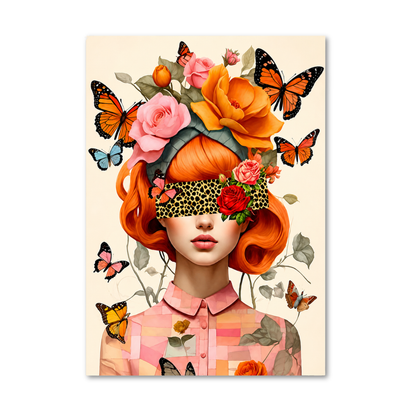 A vertical art print featuring a stylized portrait of a woman with bright orange hair, large orange and pink flowers, and multiple orange and black butterflies, wearing a leopard-print blindfold and a pink patterned blouse, set against a cream background.