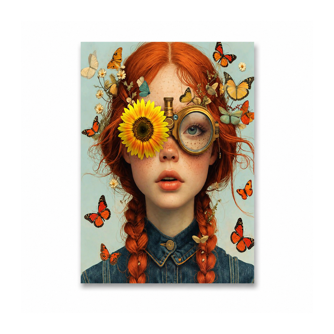 A vertical art print featuring a stylized portrait of a girl with bright red braided hair, a yellow sunflower over one eye, a brass magnifying glass, and orange butterflies on a light blue background.