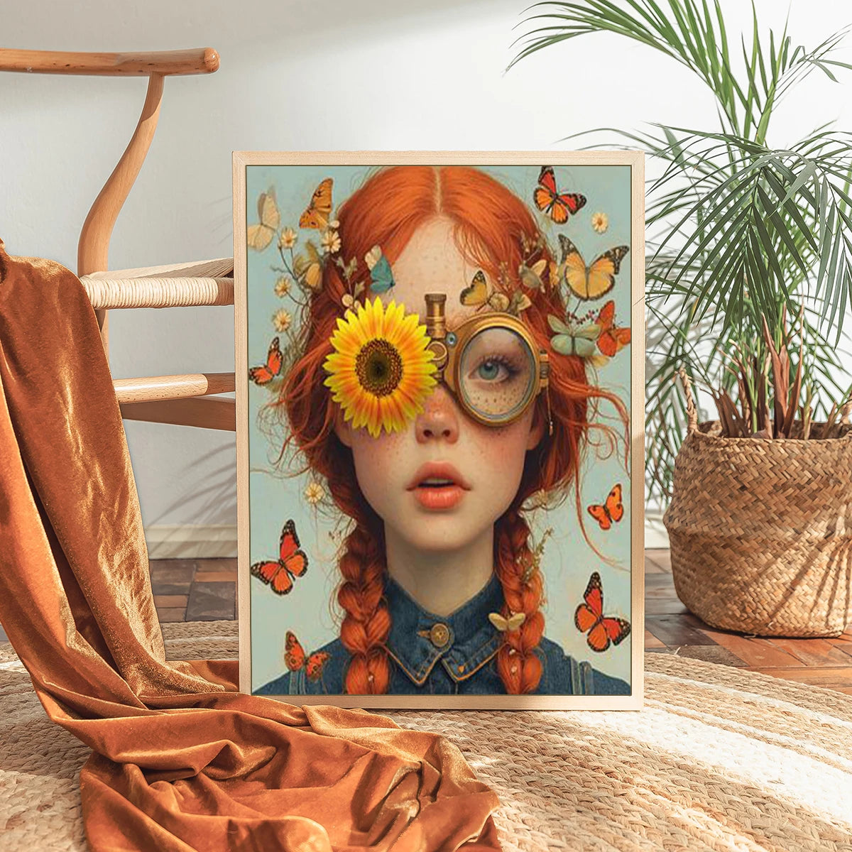 Framed artwork of a woman with red hair, sunflower, and butterflies in a home setting.