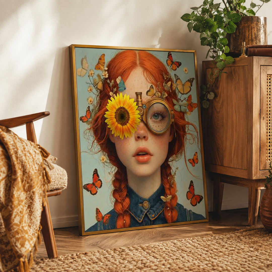 A framed art print leaning against a wall in a cozy room setting. The artwork features a stylized portrait of a girl with red braided hair, a yellow sunflower over one eye, a magnifying glass, and orange butterflies on a light blue background.