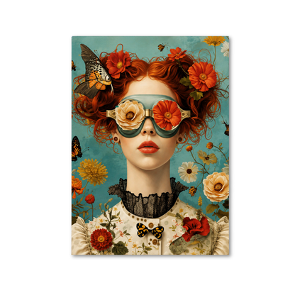 A vertical art print featuring a surreal portrait of a woman with red hair adorned with flowers, wearing flower-shaped sunglasses, set against a teal background with butterflies and additional flowers.