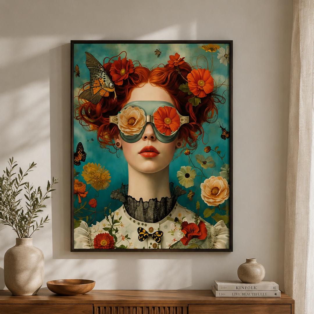A framed art print featuring a surreal portrait of a woman with red hair, flowers, and butterfly goggles against a teal background, displayed on a light wall above a wooden console table with decorative vases and books.