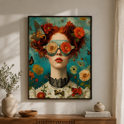 A framed art print featuring a surreal portrait of a woman with red hair, flowers, and butterfly goggles against a teal background, displayed on a light wall above a wooden console table with decorative vases and books.