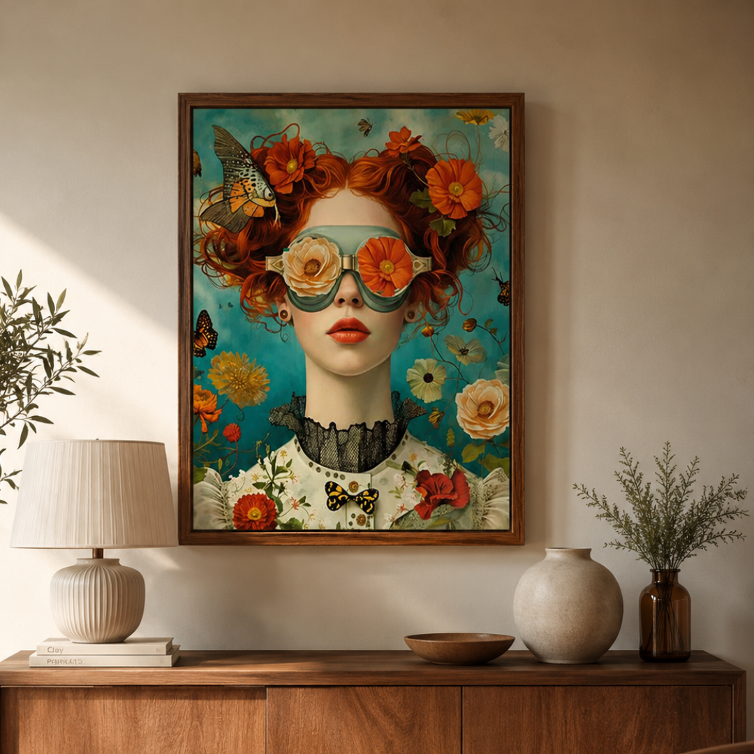 A framed art print featuring a surreal portrait of a woman with red hair, floral goggles, and butterflies on a teal background, displayed on a beige wall above a wooden console table with a lamp, vases, and plants.