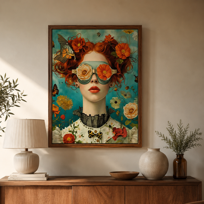 A framed art print featuring a surreal portrait of a woman with red hair, floral goggles, and butterflies on a teal background, displayed on a beige wall above a wooden console table with a lamp, vases, and plants.