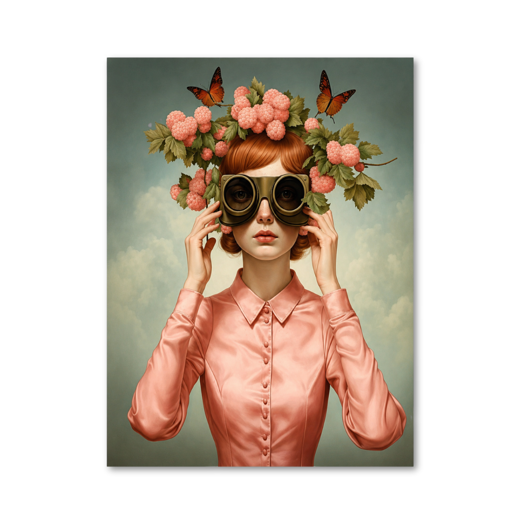 A vertical art print featuring a stylized portrait of a woman with red hair wearing a pink floral crown and round dark sunglasses, set against a soft cloudy sky background.