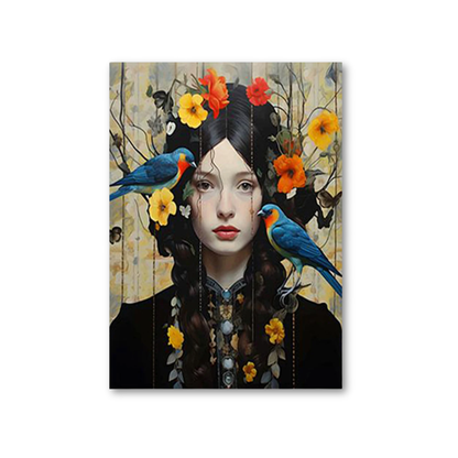 A vertical art print or poster featuring a surreal portrait of a woman with dark braided hair adorned with yellow and orange flowers, with two bright blue birds perched on her shoulders against a textured beige background.