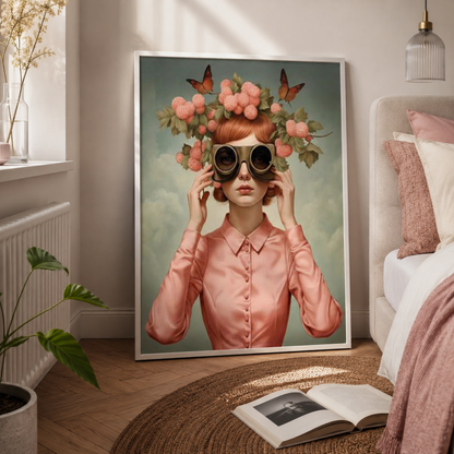 A framed art print leaning against a wall in a styled bedroom setting. The print depicts a woman in a pink shirt holding binoculars, with a floral crown and butterflies on a soft blue-green background.