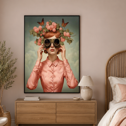 A framed vertical art print depicting a woman with red hair in a floral crown and binoculars, styled on a beige wall above a wooden nightstand in a bedroom setting.