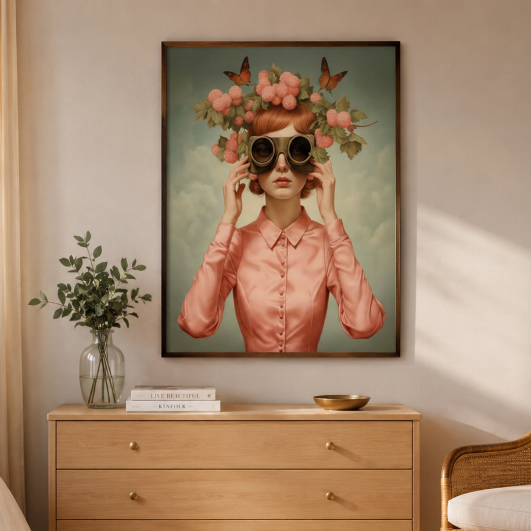 A framed wall art print hangs above a light wood dresser in a styled room. The artwork shows a woman in a pink satin shirt holding binoculars, with pink flowers and butterflies in her hair against a soft blue-green sky background.