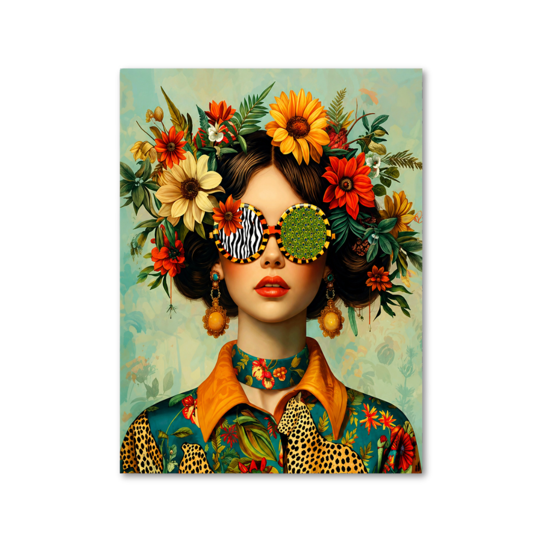 A vertical art print or poster featuring a stylized portrait of a woman with a floral headdress, bold patterned clothing, and decorative eye accessories, shown against a plain white background.