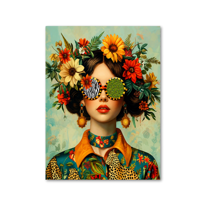 A vertical art print or poster featuring a stylized portrait of a woman with a floral headdress, bold patterned clothing, and decorative eye accessories, shown against a plain white background.
