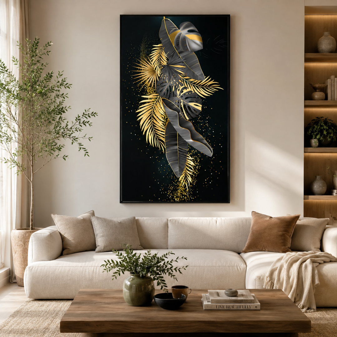 A large vertical framed wall art piece featuring abstract gold and gray tropical leaves on a black background, displayed above a cream sofa in a styled living room.