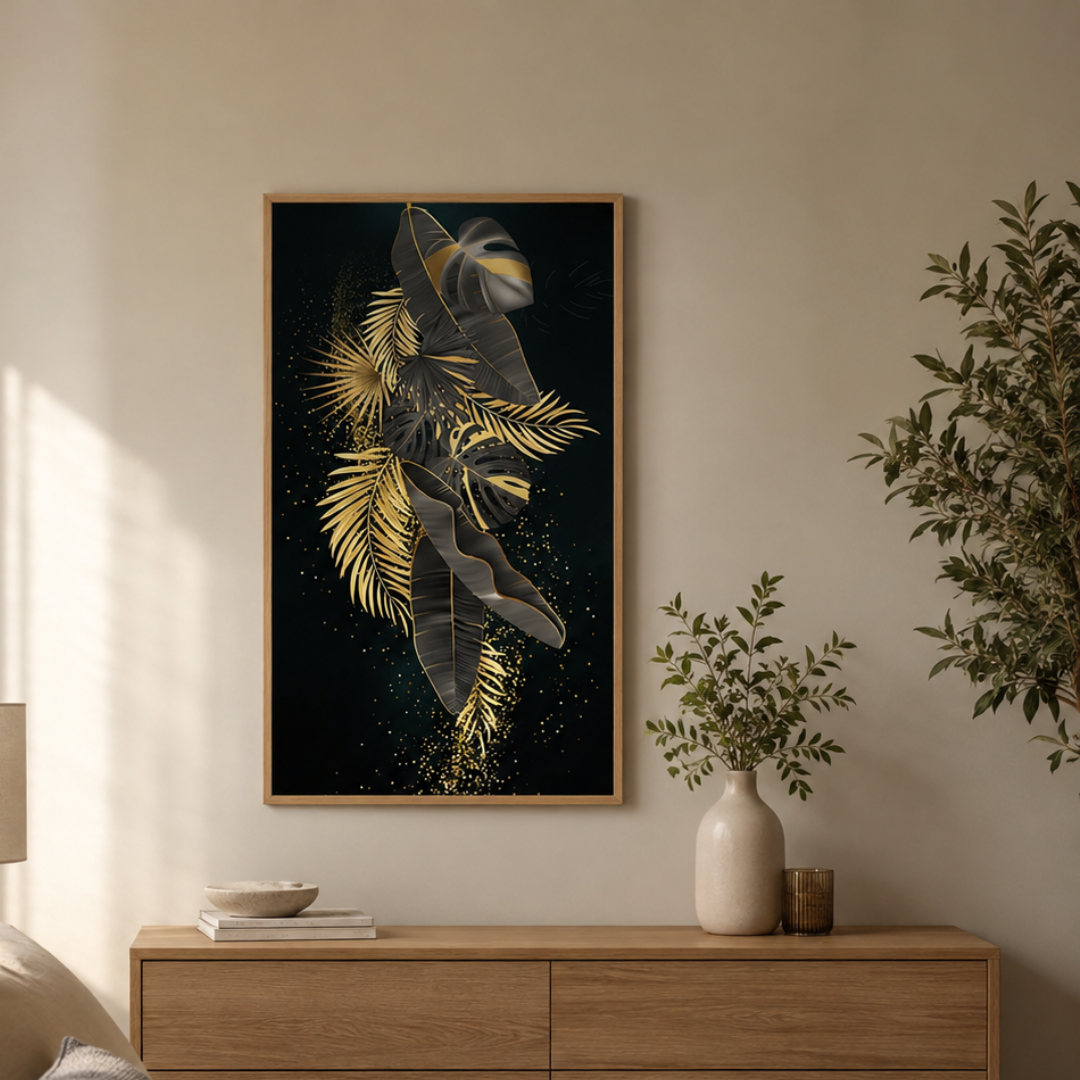 A framed vertical wall art print featuring abstract gold and gray leaves on a black background, displayed above a wooden console table in a styled room with plants and a vase.