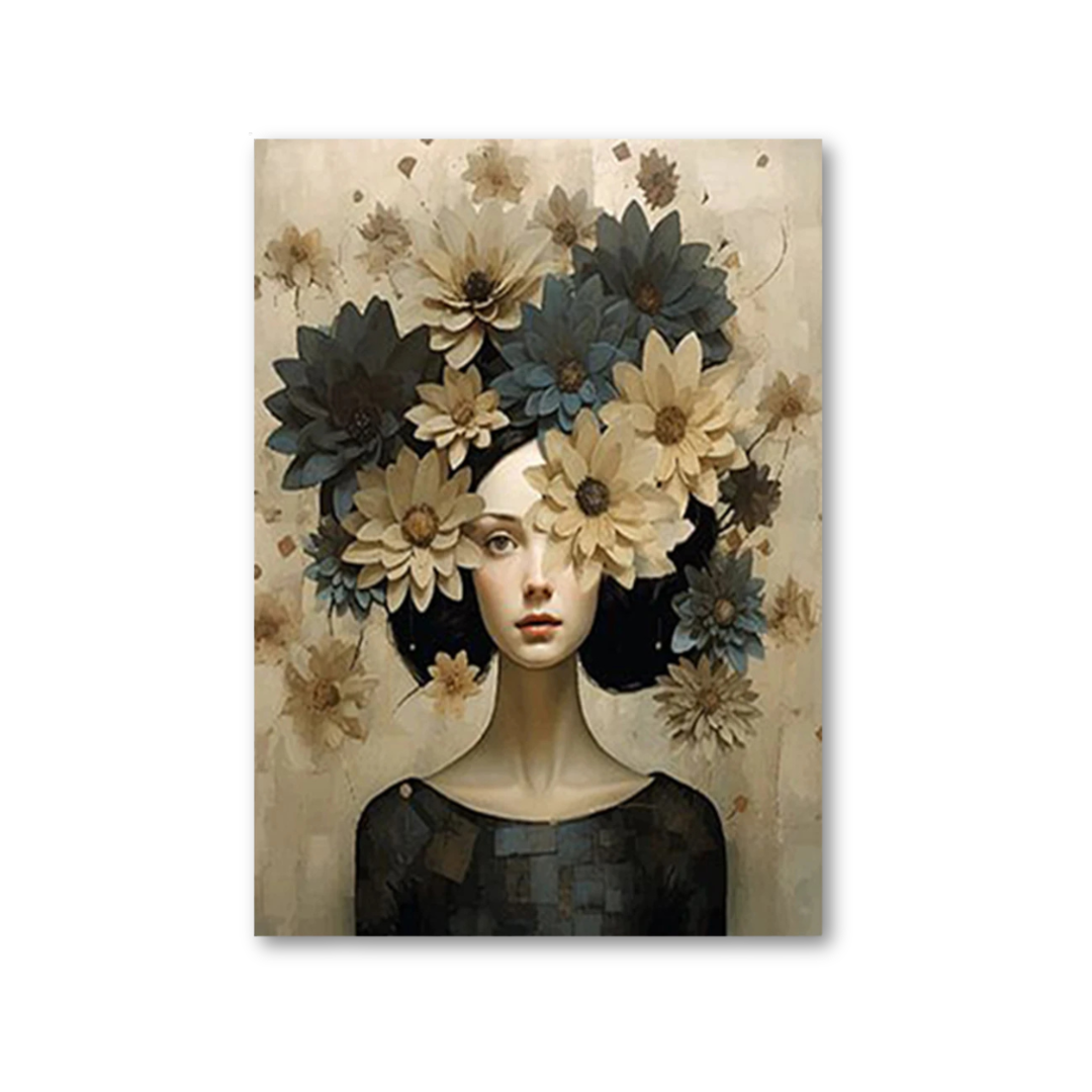 A vertical art print or poster featuring a surreal portrait of a woman with dark hair replaced by large dried flowers in beige, cream, and muted blue-gray tones, set against a textured beige background.