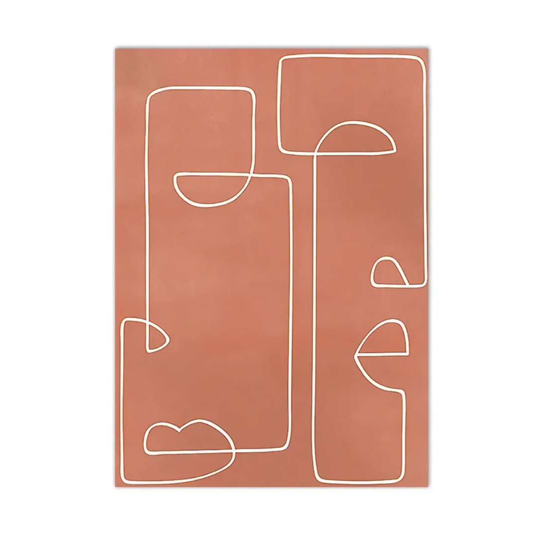 An abstract art print featuring a terracotta pink background with minimalist white continuous line art, presented on a clean white background.