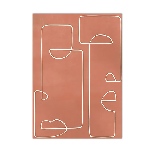 An abstract art print featuring a terracotta pink background with minimalist white continuous line art, presented on a clean white background.