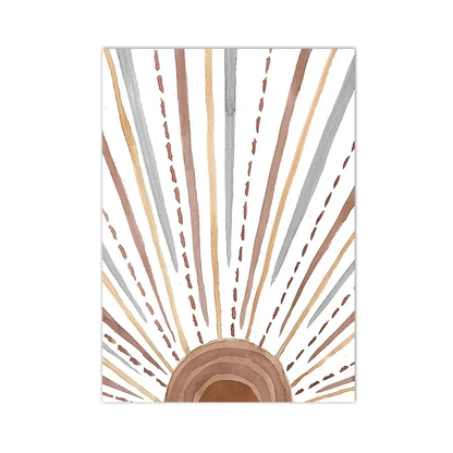 A vertical art print featuring a minimalist bohemian sunburst design with radiating watercolor-style stripes in brown, beige, gray, and gold tones, with a layered brown sun shape at the bottom, shown on a white background.