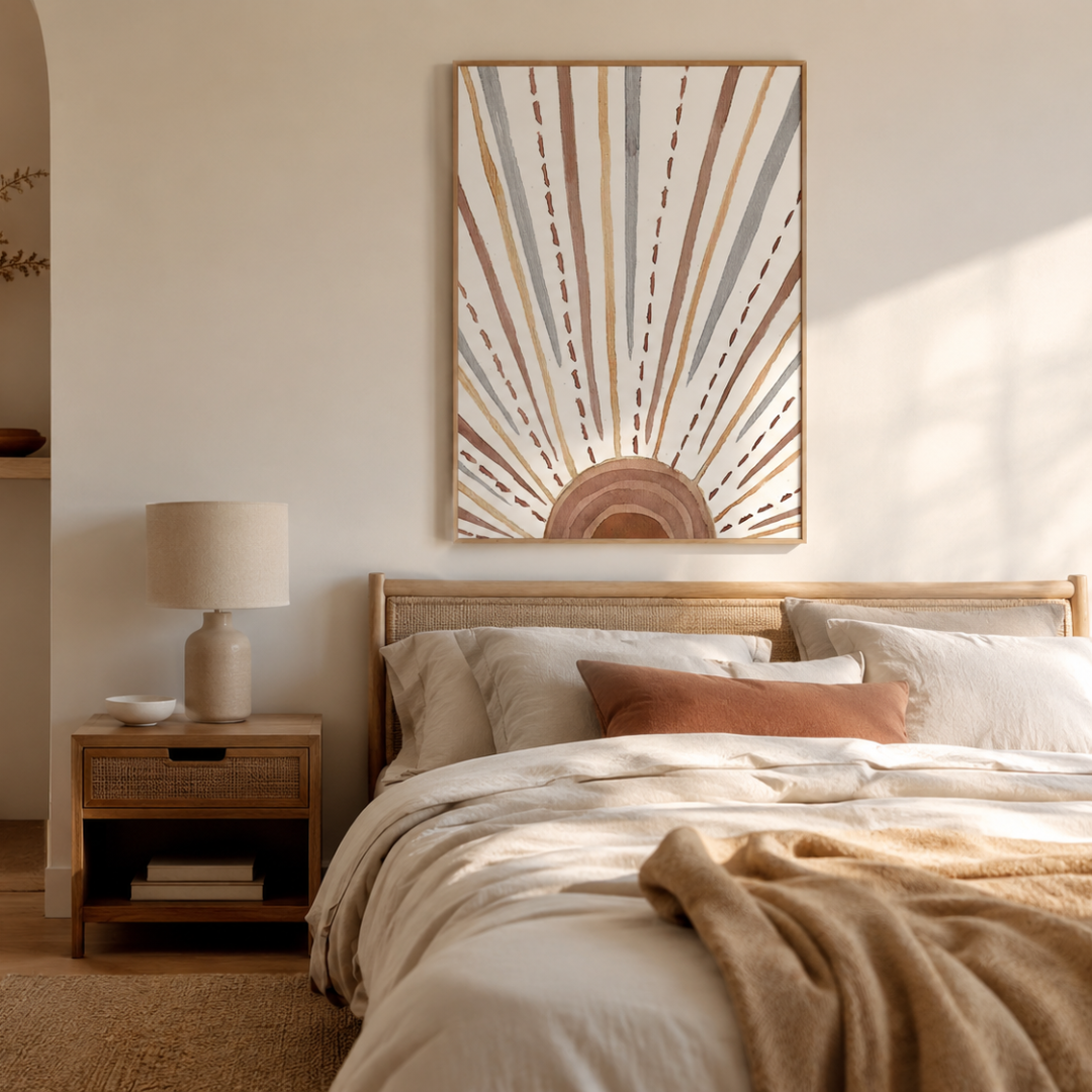 A framed wall art print with a sunburst design in beige, brown, and muted blue tones, displayed above a neatly made bed in a warm, modern bedroom.