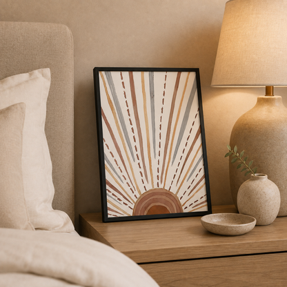 Framed wall art with a geometric sunburst design in beige, brown, gray, and orange tones, displayed on a wooden nightstand beside a lamp and ceramic vases in a softly lit bedroom setting.