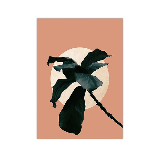 A minimalist botanical art print featuring a dark green fiddle-leaf fig plant silhouette against a warm peach background with a large cream circular sun motif.
