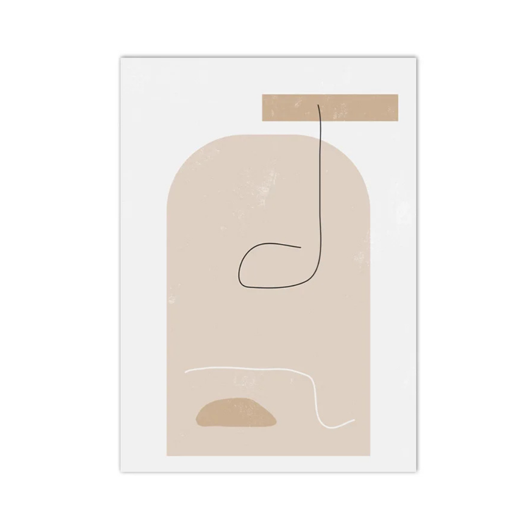 A minimalist abstract art print featuring a large beige arch shape with a thin black line drawing inside, a small tan rectangle at the top, and a small tan shape near the bottom, set against a white background.