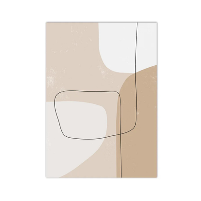 Abstract wall art print with soft beige, cream, and tan geometric shapes outlined by thin black lines, shown against a plain white background.