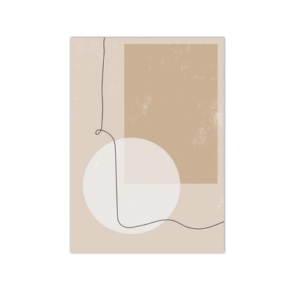 A minimalist abstract art print featuring a beige background with a large white circle, a textured tan square, and a thin black line drawing, shown against a clean white background.